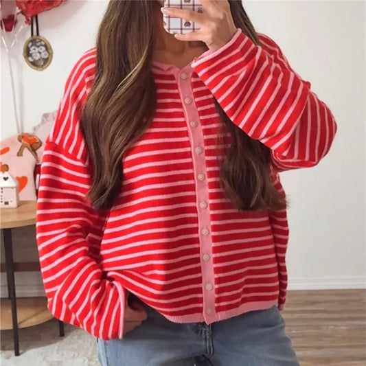 Striped Knit Crew Neck Cardigan
