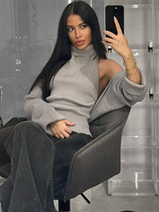Ribbed Knit Turtleneck Cutout Shoulder  Vest Long-Sleeved Shawl 2-Piece Set Top