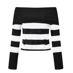Distressed Striped Off-Shoulder Long Sleeve Knit Top