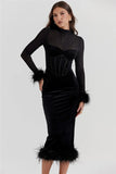 Black Velvet Long Sleeve Fur Trim Bodycon Midi Dress