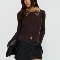 Brown Fur Collared Ribbed Button-Up Top