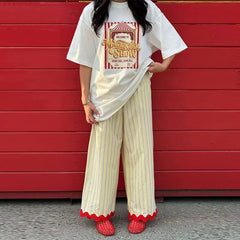 Striped Contrast Wave Cut  Wide Leg Pants