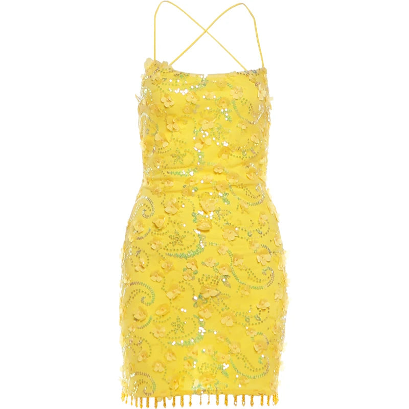 Yellow Sequin Beaded Tassel Open Back Strappy Mini Dress – Free From Label