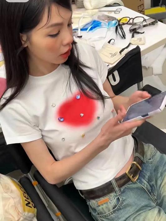 White Love Shape Print Crop Top
