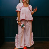 Christmas Plaid Puff Sleeve Ruffle Trim Pyjama Set - B