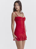 Red Lace Patchwork Buttoned Mini Dress