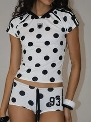 Satin Number Dots Print Crop Tops And Shorts Set