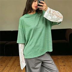 Striped Mock Lace Long Sleeve Underlayer T-shirt