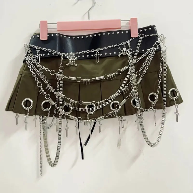 Micro Mini Pleated Belted Chain Skirt - Free From Label