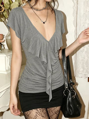 Grey Ruffles Deep V Neck Top