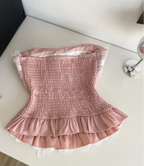 Strapless Elastic Ruffle Butterfly Button Corset