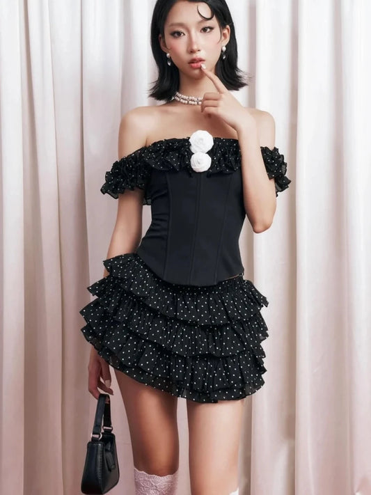 Off-shoulder Frill Rose Corset Top And Polka Dot Ruffle Mini Sirt Set