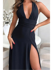 Black Sleeveless Open Back High Split Lace Up Maxi Dress