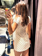 Short Sleeve Lace Up Cut Out Collar Polka Dot Mini Dress