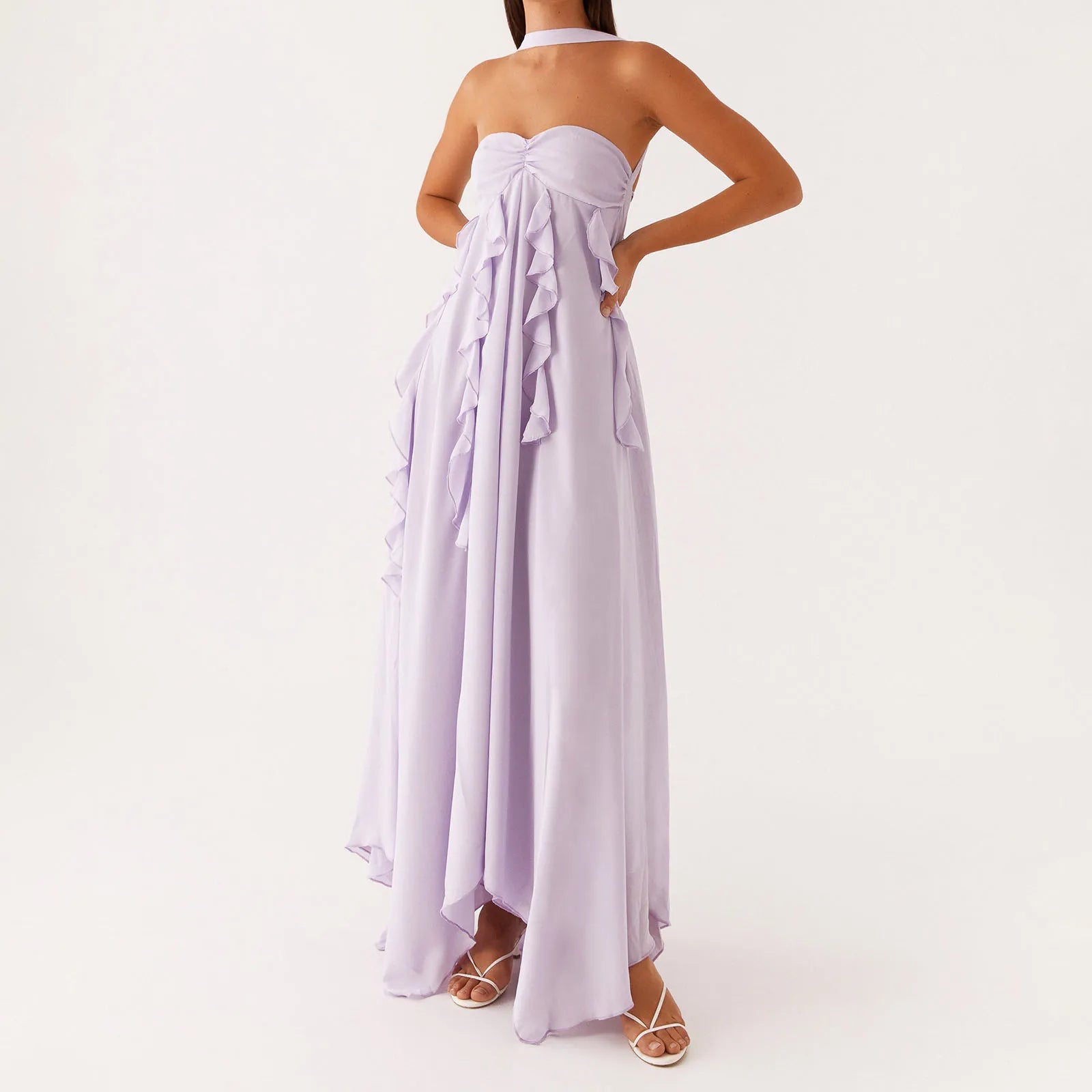 Women's ruffle trim sleeveless A-line long dress 

