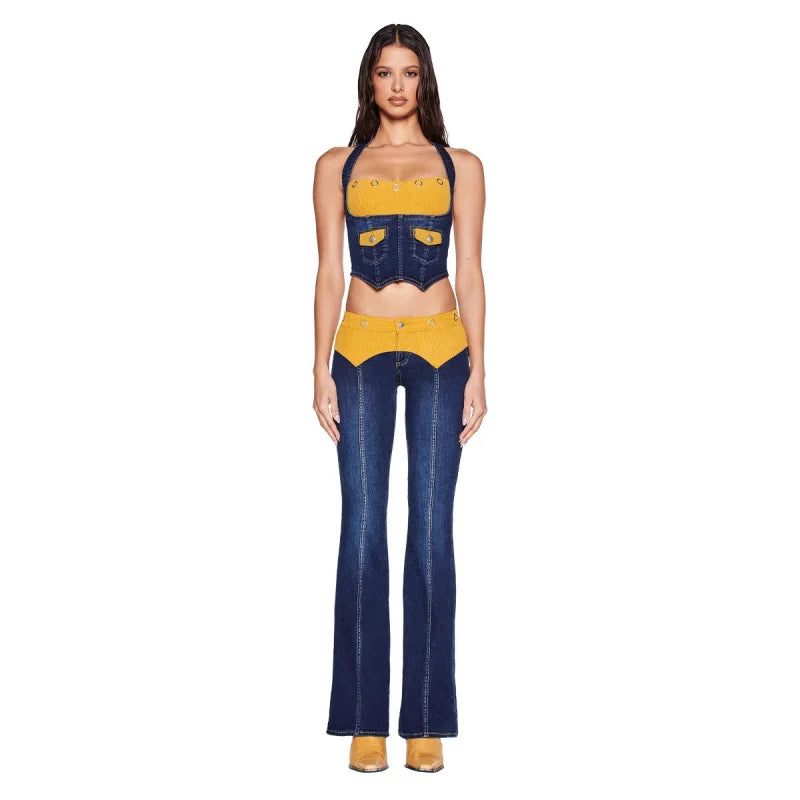 Woman wearing a denim outfit with a yellow top on a white background