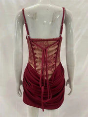 Lace Corset Square Neck Ruched Satin Bodycon Short Dress