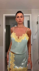 Sequin Lace Trim Camisole Top And Mini Skirt Set
