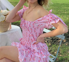Pink Floral Print Smocked Layered Mini Dress