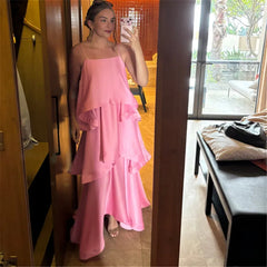 Pink Spaghetti Strap Layered Tiered Long Dress