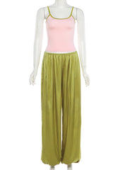 Pink Colour-Blocking Cami Top And Green Elastic Waist Pants Set