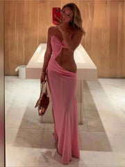 Mesh Spaghetti Strap Cut Out Slit Long Dress