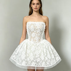 Lace Sheer Strapless Flared Mini Dress