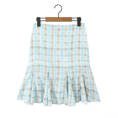 Plaid Print Bow Crop Top And Ruffles Hem Midi Skirt Set