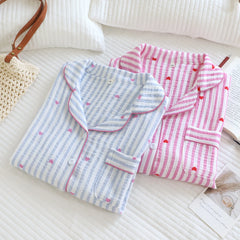Cotton Heart Print Striped Long Sleeve Shirt And Trouser Nightwear Set