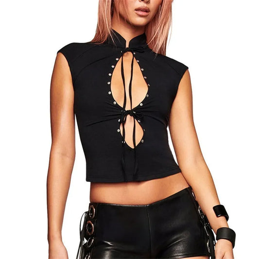 Black High Neck Cutout Rivet Lace Up Cap Sleeve Top