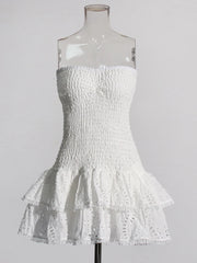Ruched Strapless Embroidered Frill Mini Dress