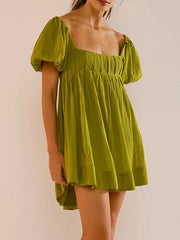 Puff Sleeve Babydoll  Square Neck Tie Back Mini Dress