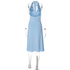 Halter Deep V-Neck Flared Midi Dress