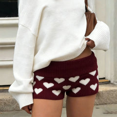 Heart Print Knitted Elastic Waist Shorts