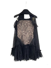 Black Lace  Lapel Neck Long Sleeve Mini Dress