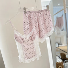 Pink Polka Dot Lace Patchwork Pyjamas Two Piece Set