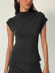 Solid Waist-Cinching Button Mock Neck Top