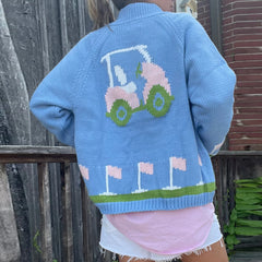 Blue Golf Car/Heart Print Long Sleeve Lapel Button-down Knitwear Cardigan with Pockets