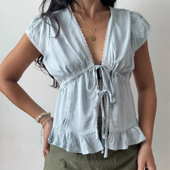 Ruffles Hem Short Sleeve Bow Tie Crop Top