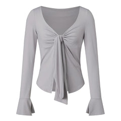 Knotted Front Tie Bell Sleeve Crop Top