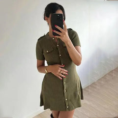 Green Metal Button Knitted Short Sleeve Mini Dress