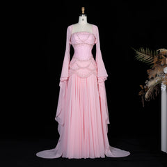 Cape Sleeve Chiffon Tiered Petals Sequined Pearl Embellished Gown