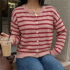 Pink Striped Knit Buttoned Cardigan