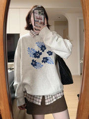 Grey Long Sleeve Blue Flower Print Sweatshirt