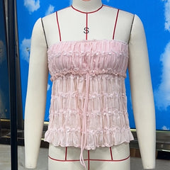 Pink Drawstring Mesh Babydoll Crop Top