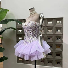 Purple Lace Embroidery Corset Top And Tulle Mini Skirt Set