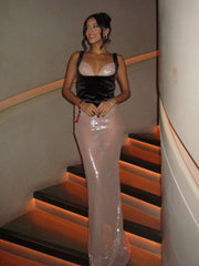 Beige V-Neck Sequin Patchwork Long Dress