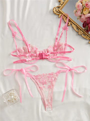 Ribbon Tie Up Embroidery Flower Half Cup Lingerie Set