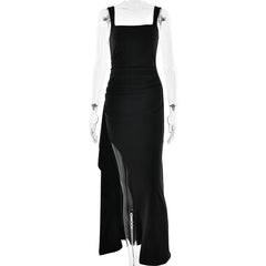 Square Neck Strap Thigh High Split Draped Long Dress