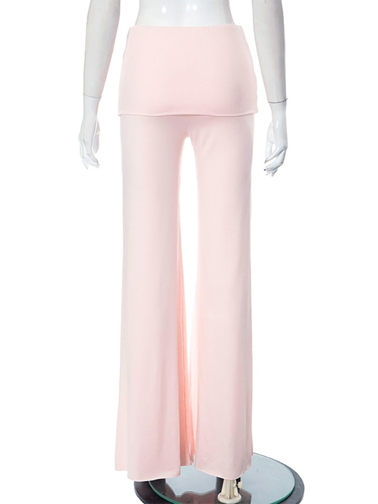 Pink Low Rise Flare Skirt Layered Pants